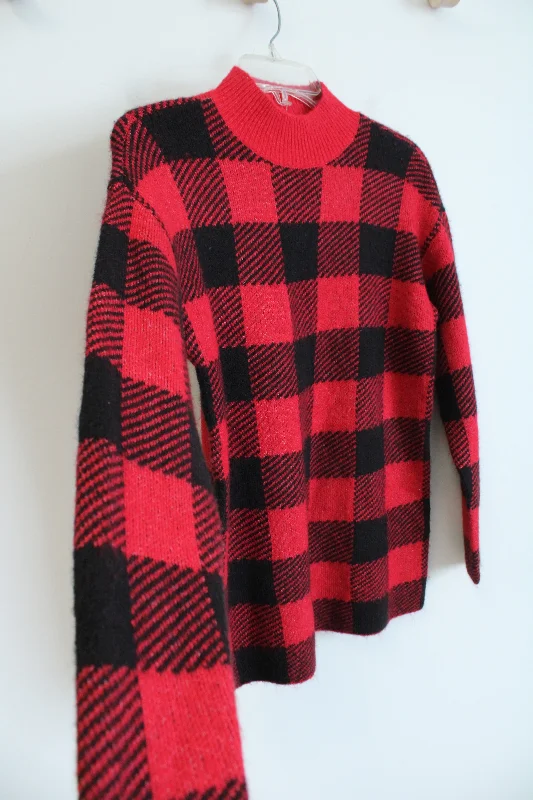 LOFT Red Black Plaid Knit Sweater | S Petite Cable Knit Ribbed Knit Lace Knit