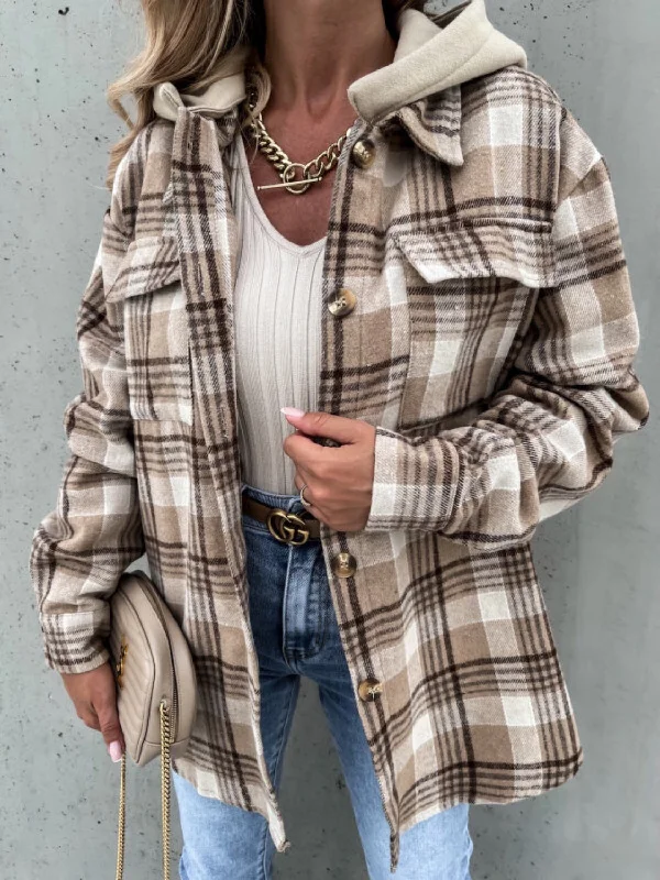 Hazel Blues® |  Plaid Button Up Jacket with Removable Hood Satin Jacket Silk Jacket Chiffon Jacket
