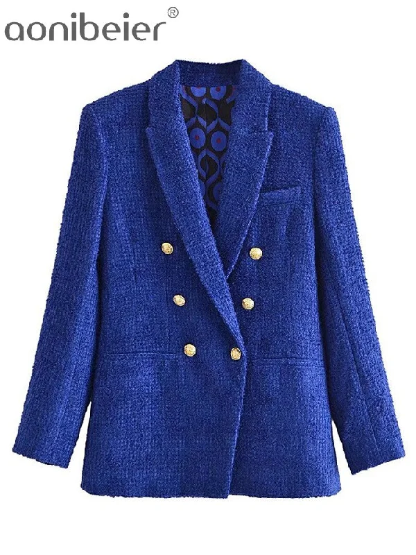 Aonibeier 2022 Za Woman Casual Traf Coats Spring OL Style Thick Long Slim Blazers Ornate Buttons Tweed Woolen Jacket Outwear Women's Boutique Suit