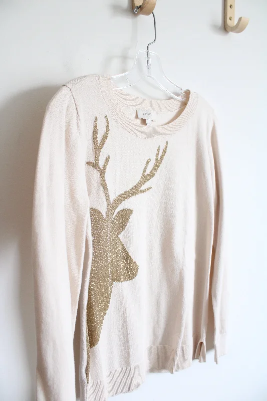 LOFT Beige Gold Shimmer Reindeer Sweater | M Striped Floral Plaid