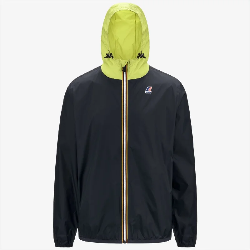 Claude - Unisex Packable Full Zip Waterproof  Rain Jacket in Blue Depth - Green Celery Boat Neck Shawl Collar Notched Collar