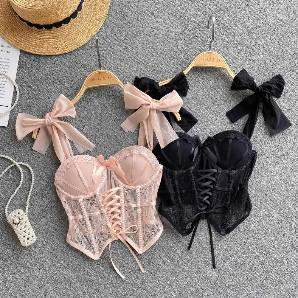 Spaghetti Strap Tank Top for Women Strapless Build in Bra Lace Patchwrok Tulle Bow Camis Summer Casual Female Camisoles Dropship flexible tank top