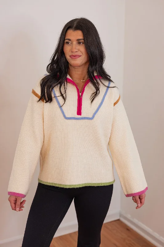 Color Trimmed Delight Ecru Sweater Toggled Drawstring Belted