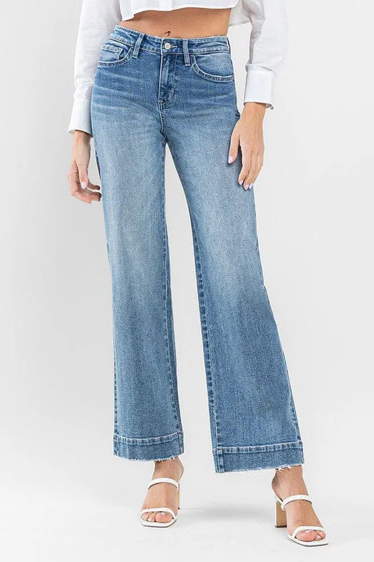 High Rise Wide Leg | Trouser Hem Detail Trousers Denim Blue