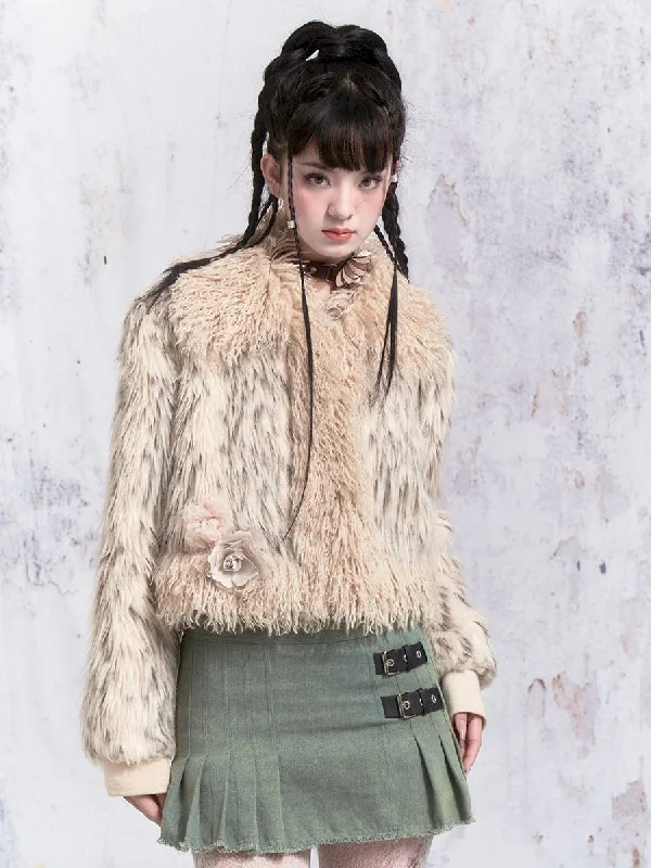 Beige Stripe Patchwork Fox Fur Coat【s0000005312】 Bomber Denim Leather