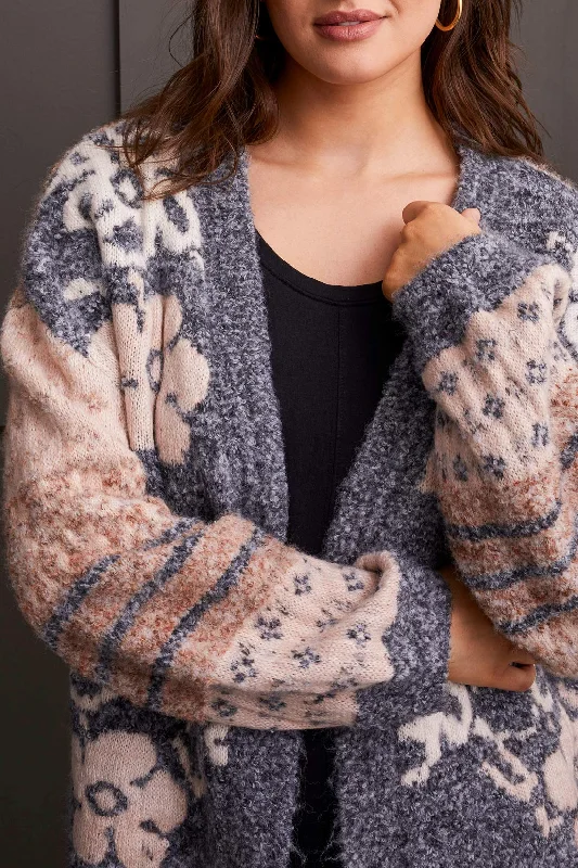 LONG SLEEVE JACQUARD SWEATER CARDIGAN - GREY Seamless Knitted Crochet