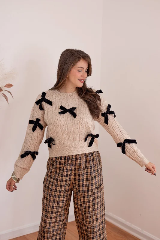 Cable Knit Bows Oatmeal Sweater Herringbone Houndstooth Plaid