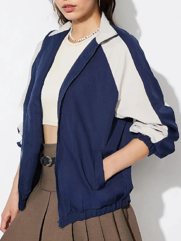 Hazel Blues® |  Contrast Zip Up Collared Neck Long Sleeve Jacket Herringbone Jacket Checkered Jacket Solid Jacket