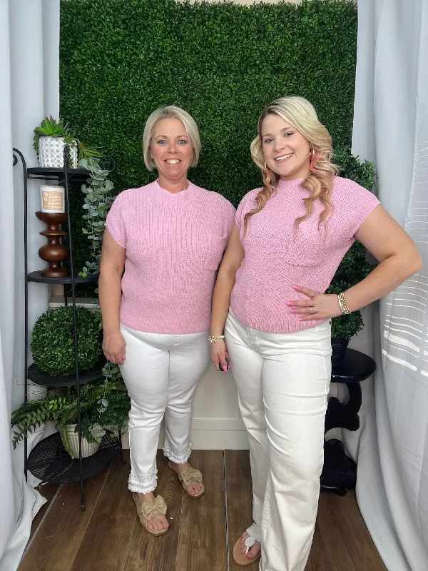 MOCK NECK POCKET DETAIL SWEATER TOP - LIGHT PINK Houndstooth Herringbone Solid