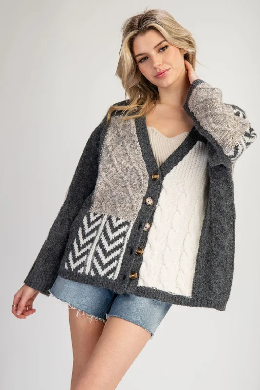 MIXED TEXTURED BOXY CARDIGAN SWEATER - STORM Handmade Hand-knitted Hand-woven