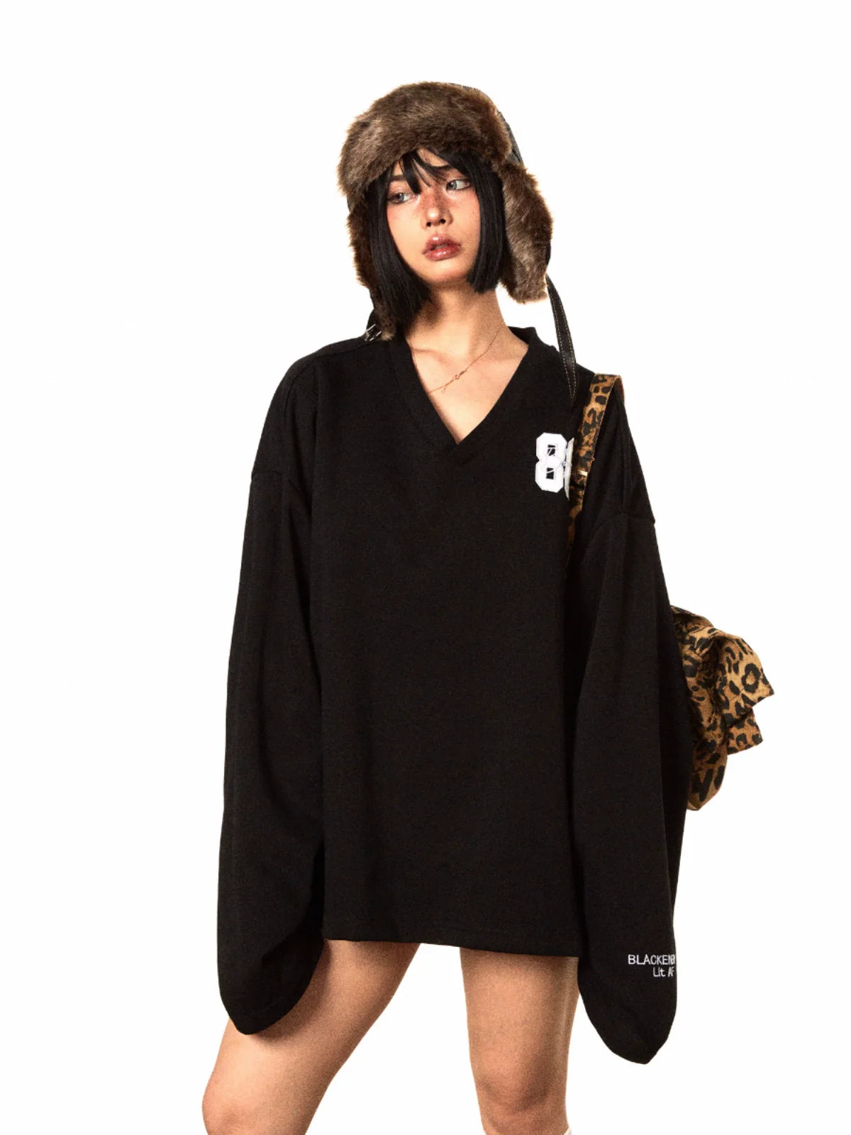 Oversized Black V-Neck Sweater Herringbone Houndstooth Plaid