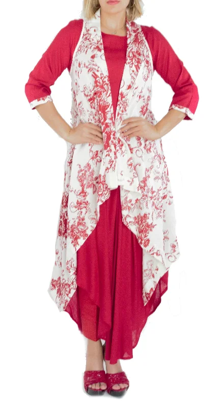 Red Color Kurti with Red and Red Color Floral Print on White Jacket Insulated Jacket Fitted Jacket Loose Jacket