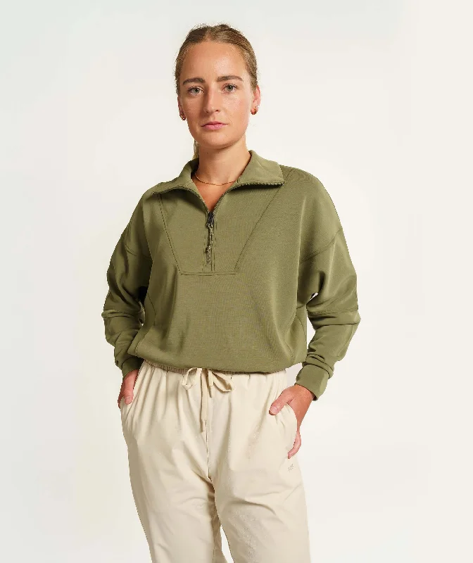 Ladies 1/4 Zip Long Sleeve Sweater - Olive Hooded Sweater Collared Sweater Shawl Collar