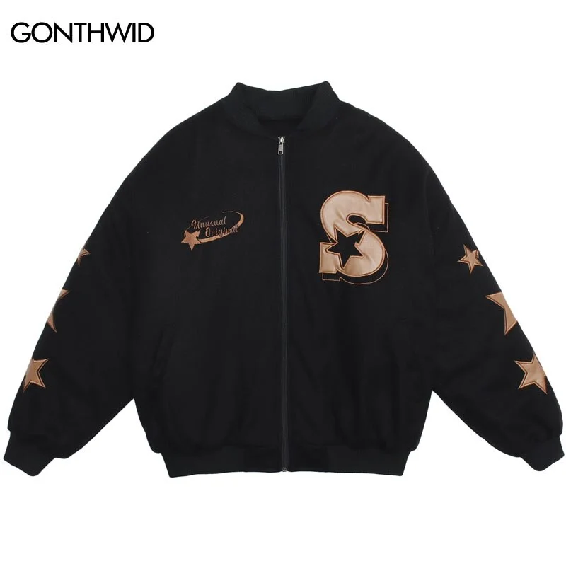 Winter Bomber Baseball Jacket Streetwear Hip Hop Embroidery Stars Thick Coats Harajuku Casual Loose High Street Jackets Fleece Fabric Down Fabric Feather Fabric