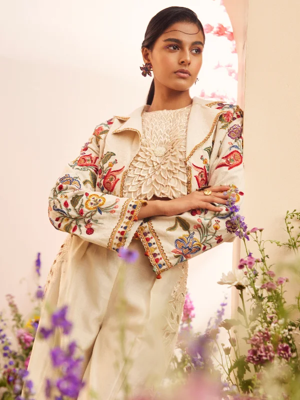 Ivory Embroidered Bolero Jacket Stand-Up Collar Roll-Neck Collar Turtle Neck