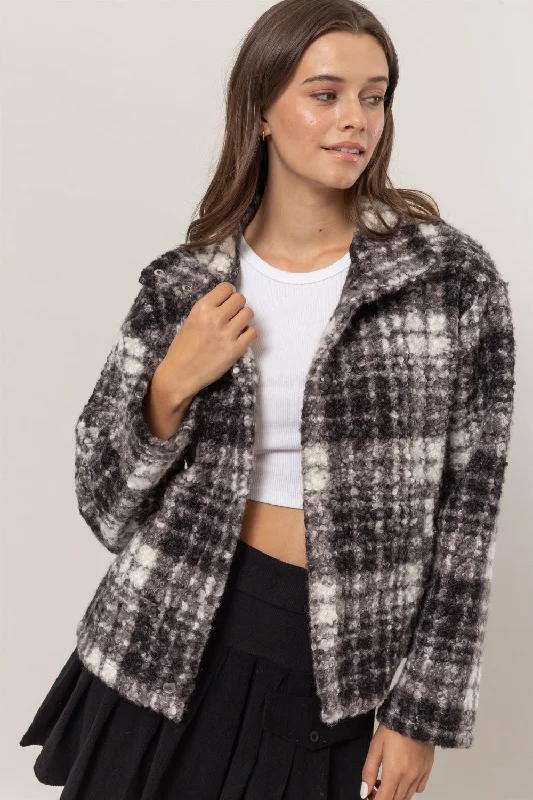 Hazel Blues® |  HYFVE Plaid Collared Neck Boucle Jacket with Pockets Welt Pockets Slit Pockets Flap Pockets