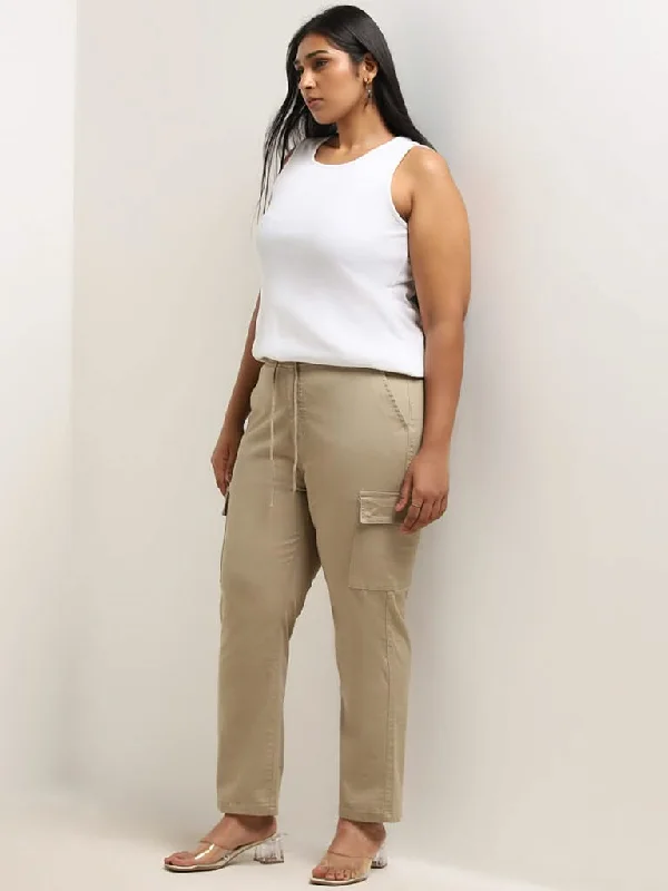 Gia Beige Solid High-Rise Solid Cotton Blend Trousers Trousers Mesh Breathable