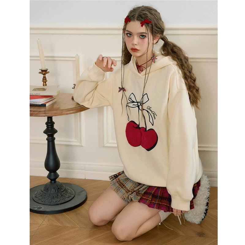 Cherry Bow Knit Sweater Front Pockets Side Pockets Patch Pockets