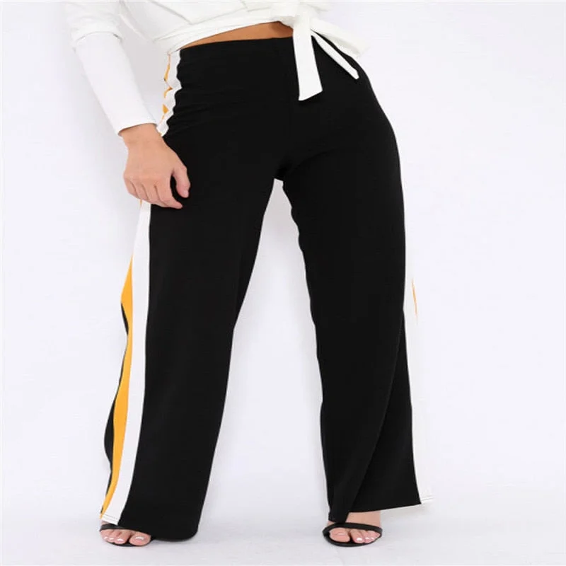 Women Fashion High Waist Straight Wide Leg Striped Sports Trousers Chic Ladies Loose Slim Elastic Waist Cropped Pants Plus Size Trousers Seasonal Trendy