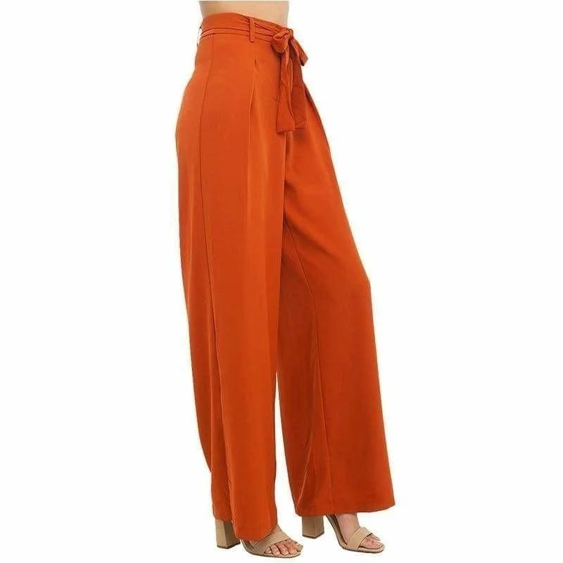 Orange Wide Leg Chiffon High Waist Tie Front Trousers Pants Trousers Winter Warm