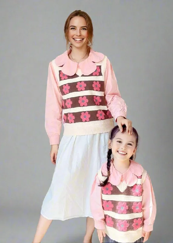 Mother-Daughter Matching Floral Knit Sweater Vest – Pink & Brown Retro Style Modern Contemporary Chic