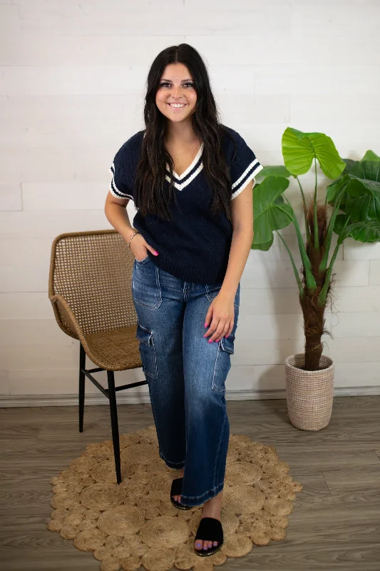 Cable Knit Dolman Short Sleeve Sweater-Navy Chenille Blend Fleece Blend Nylon Blend