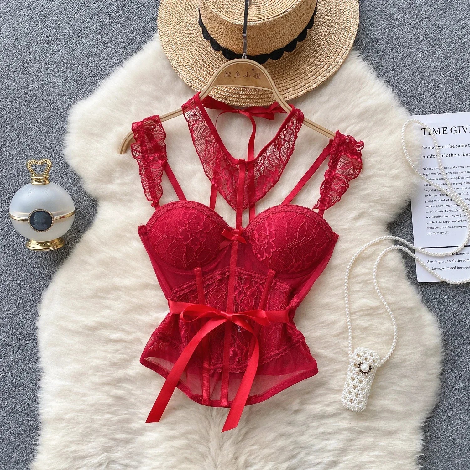 Sexy Tank Top Women Spaghetti Strap Bandage Female Corset Camis Built in Bra  French Chic Lace Sheer Backless Mesh Top Dropship fitted tank top