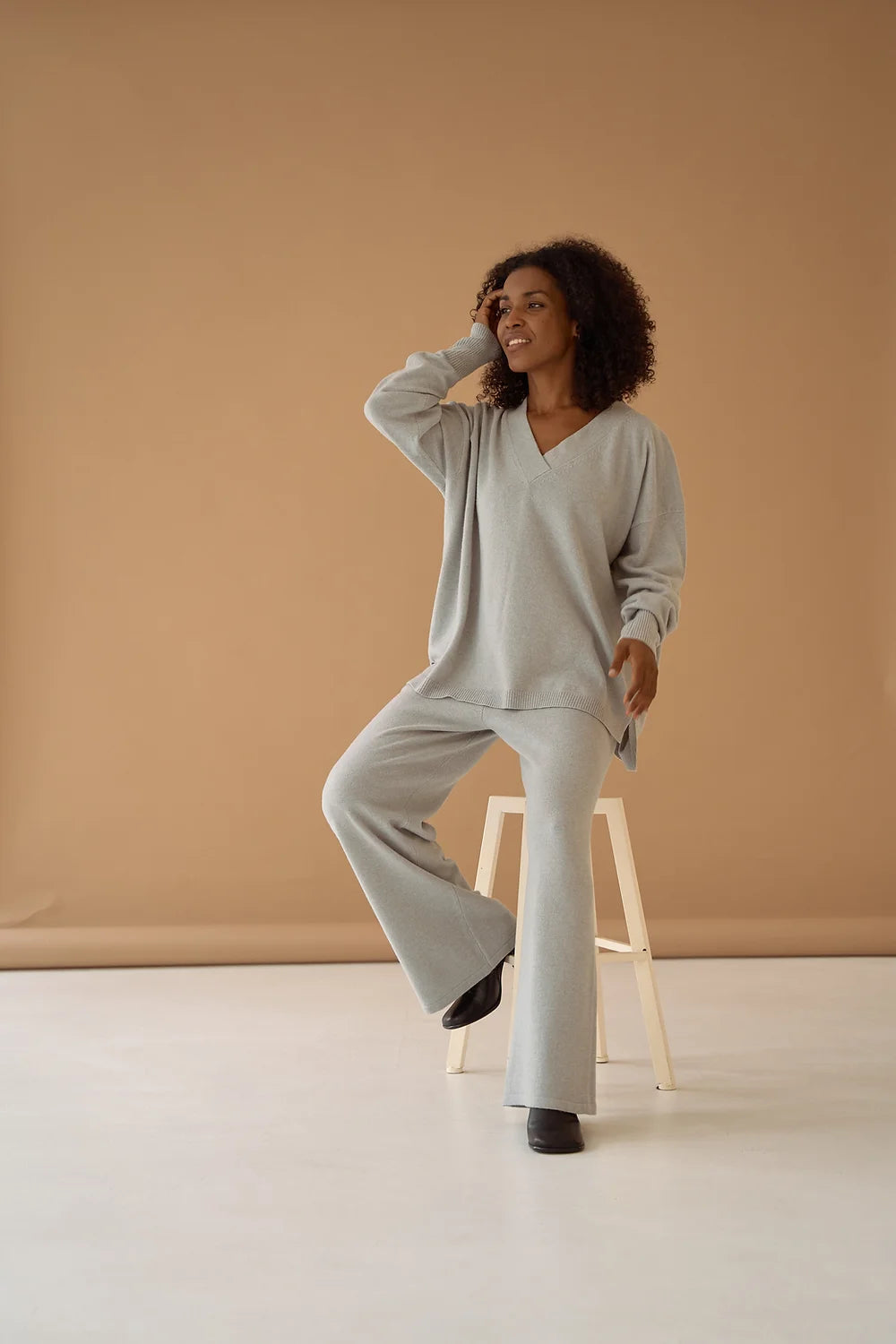 Grey Melange Palazzo Trousers Cashmere Wool Trousers cozy comfortable
