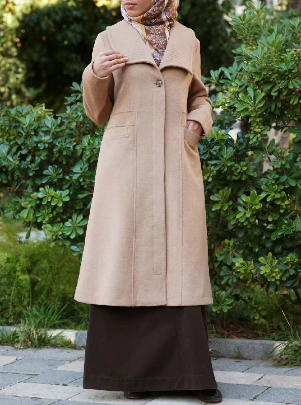 Toptstitched Lapel Wool Coat Asymmetrical Collar Hooded Zippered