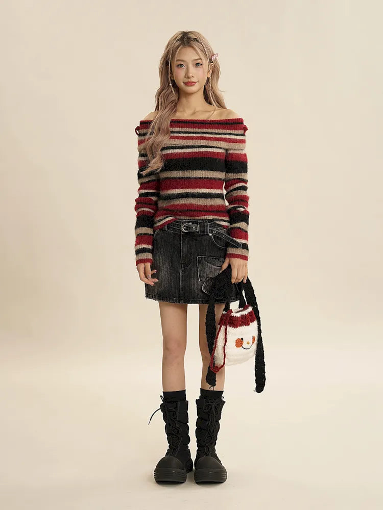 Striped Off-Shoulder Sweater Mesh Blend Leather Blend Suede Blend