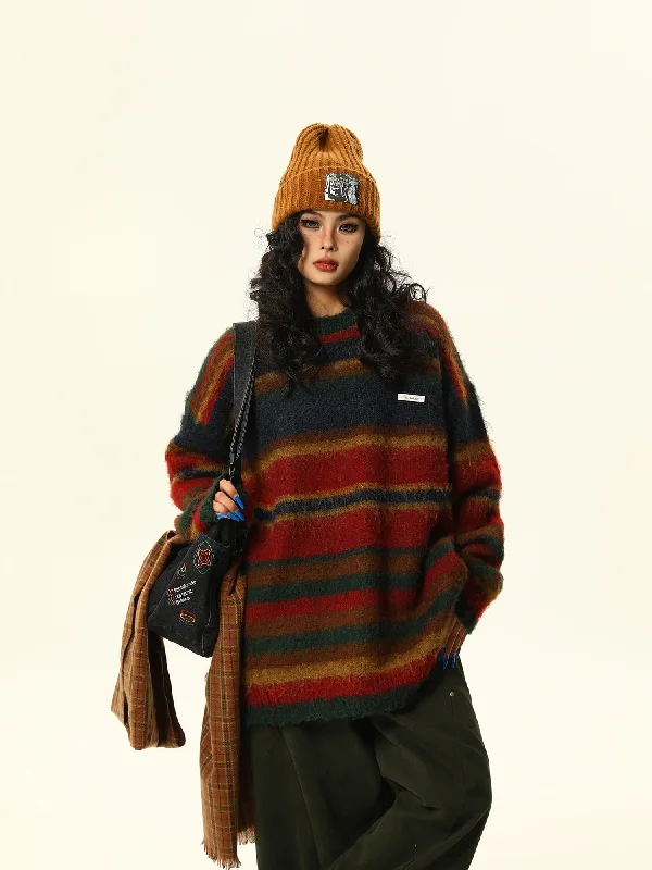 Multicolor Striped Fuzzy Sweater Front Pockets Side Pockets Patch Pockets