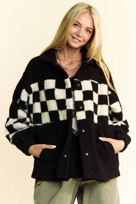 Hazel Blues® |  Davi & Dani Checkered Snap Down Faux Fur Jacket Appliqued Jacket Beaded Jacket Sequined Jacket