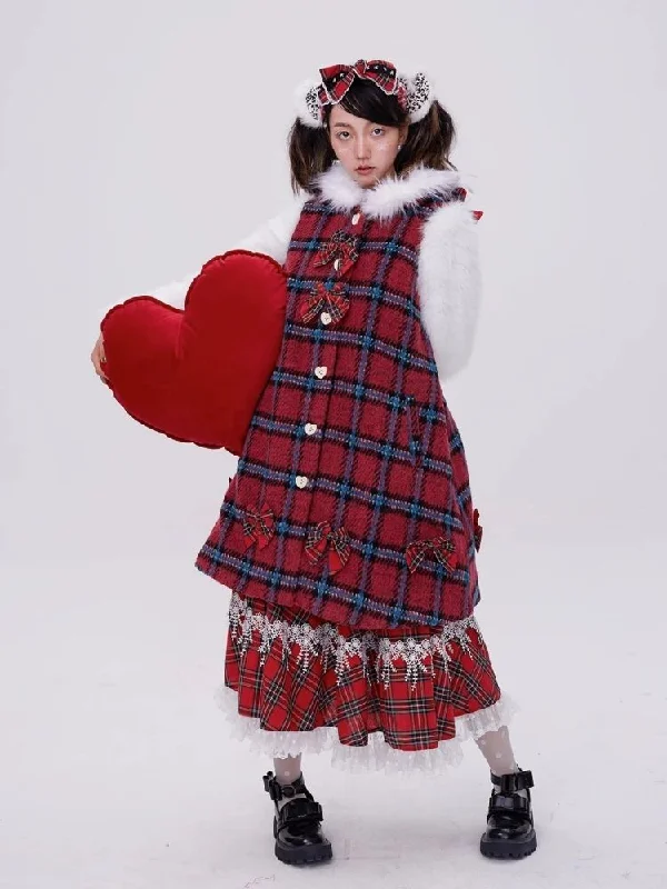 Red plaid christmas retro coat【s0000004035】 Toggle Coat Shawl Collar Coat Notch Collar Coat