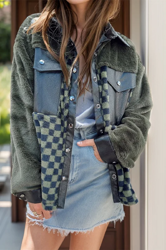 Hazel Blues® |  Pocketed Checkered Collared Neck Jacket Fleece Jacket Down Jacket Parka