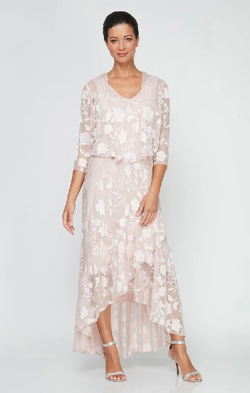 Chiffon Jacket Dress with High/Low Tulip Hem Skirt & Open Cascade Jacket Nylon Fabric Polyester Fabric Spandex Fabric