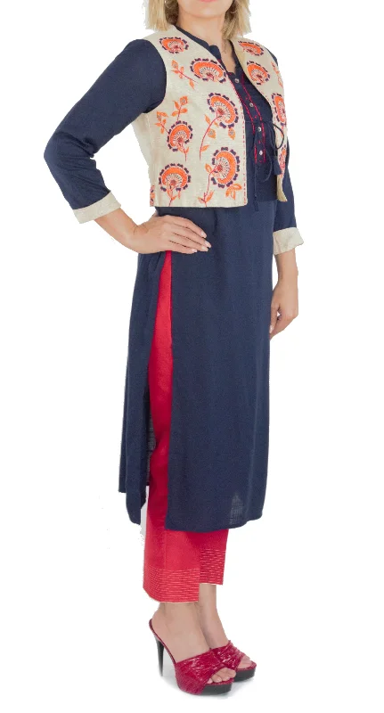 Navy Blue Kurti With Jacket Tiered Jacket Buttoned Jacket Zippered Jacket