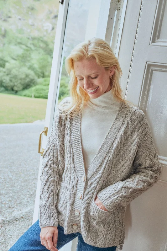 Aran - Vented box Cardigan with Buttons and trellis - Feather grey Glossy Satin Silk