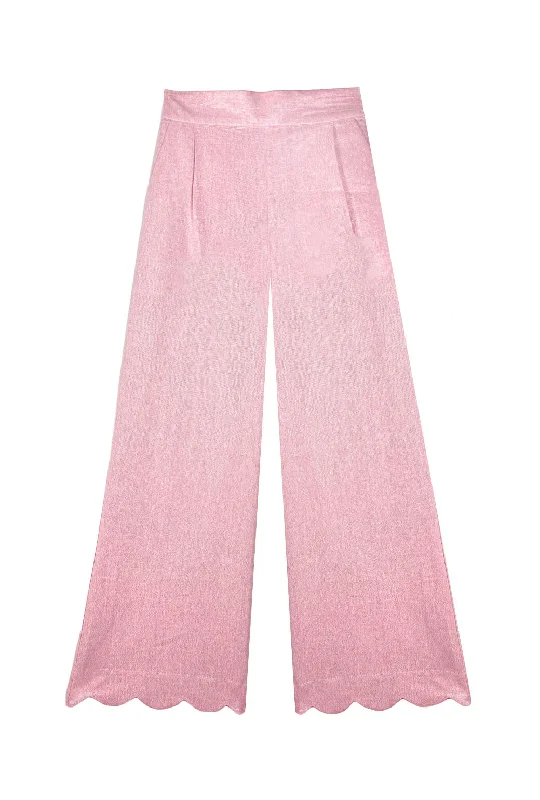 Buru x PBL Scallop Trousers - Pink Shimmer Linen Trousers Harem Relaxed Fit