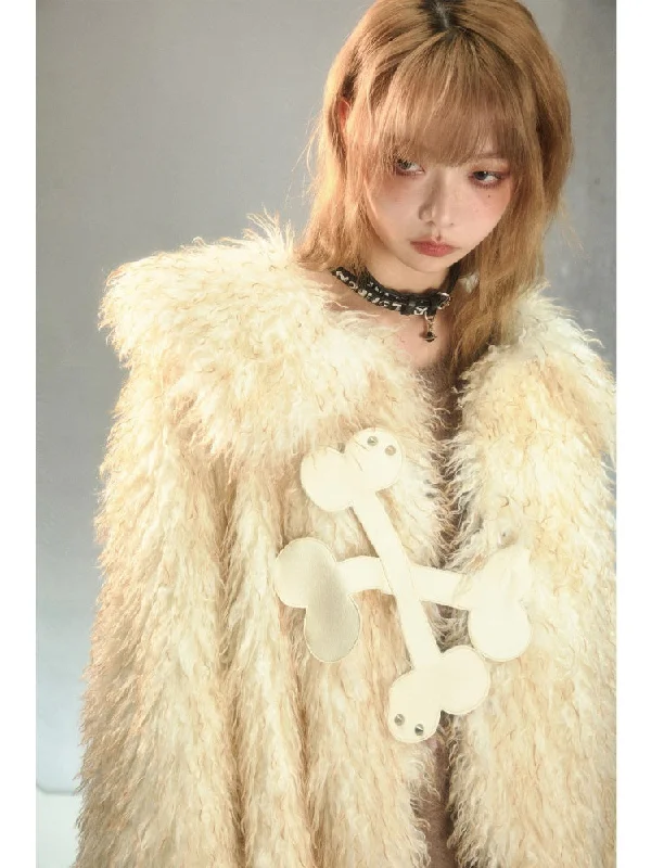 Punk Rivet Bone Mix Color Long Fur Loose Coat【s0000003874】 Off-the-Shoulder Jacket Double-Breasted Coat Single-Breasted Coat