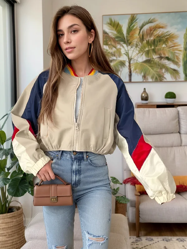 Hazel Blues® |  Contrast Baseball Collar Zip Up Long Sleeve Jacket Print Jacket Jacquard Jacket Patchwork Jacket