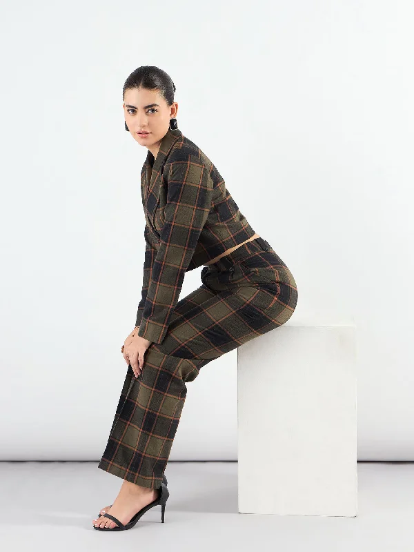 Notched Lapel Checkered Warm Crop Blazer With Trouser Winter Women's Blazer