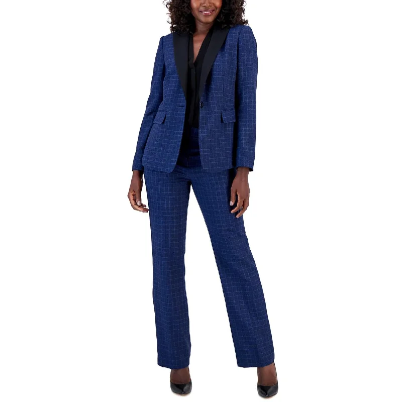 Le Suit Womens Petites Window Pane Contrast Trim One-Button Blazer Women's Long Blazer