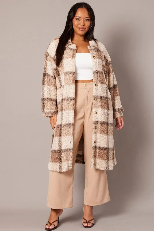 Brown Check Longline Boucle Teddy Coat Lapel Coat Peter Pan Collar Coat Cowl Neck Coat