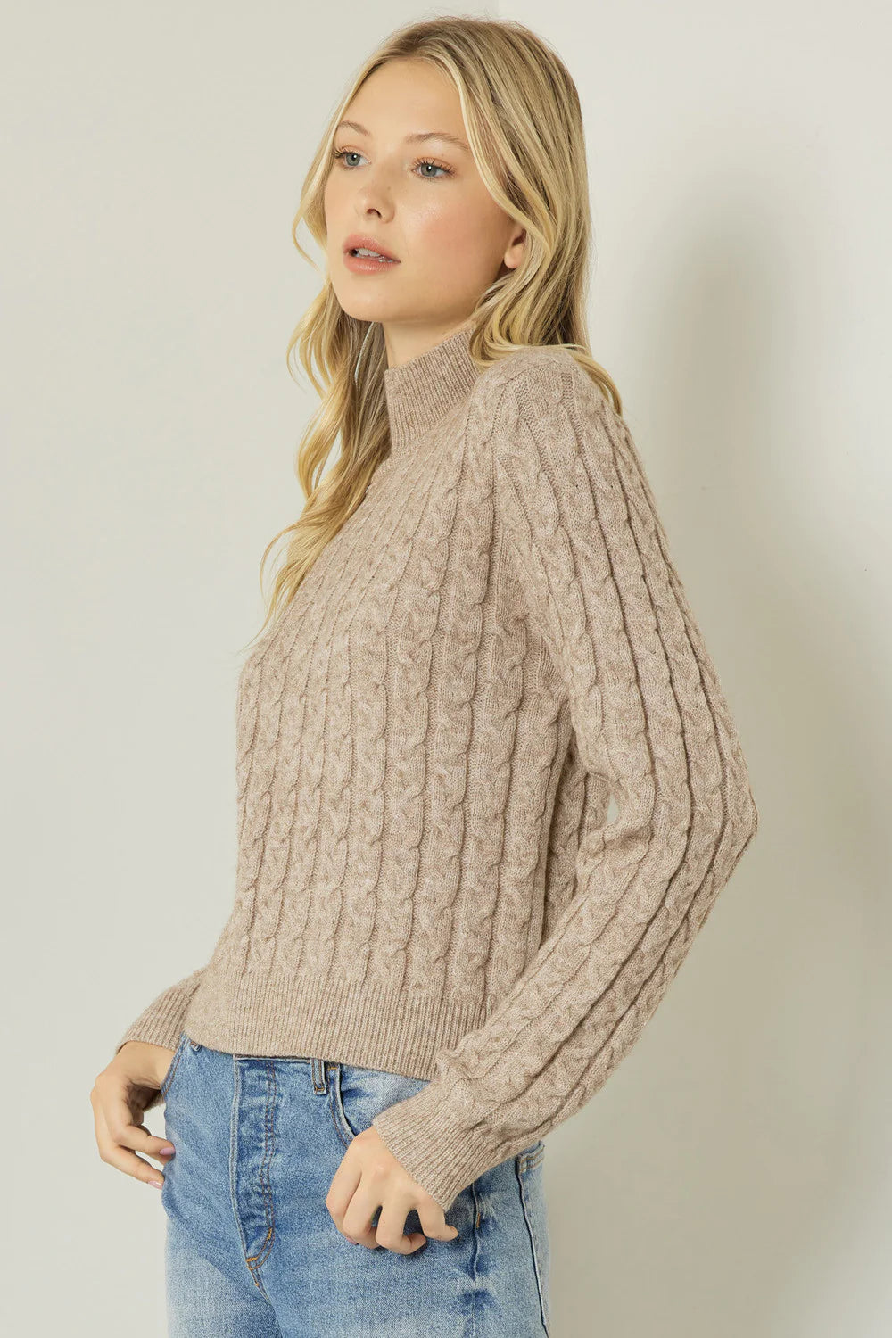 Simplicity Taupe Cable Knit Sweater Satin Blend Silk Blend Wool Blend