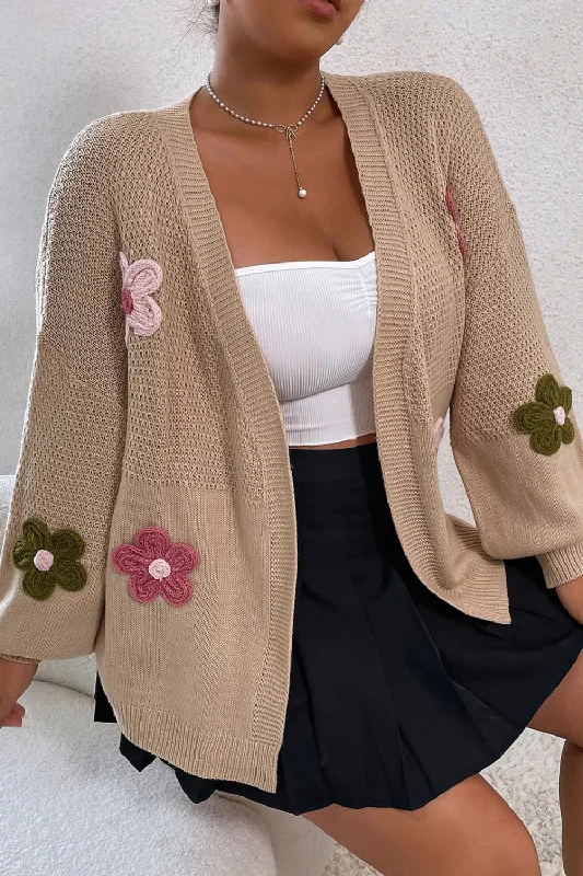 Blue Zone Planet |  Floral Applique Drop Shoulder Open Front Cardigan Notch Collar Peter Pan Collar Cowl Neck