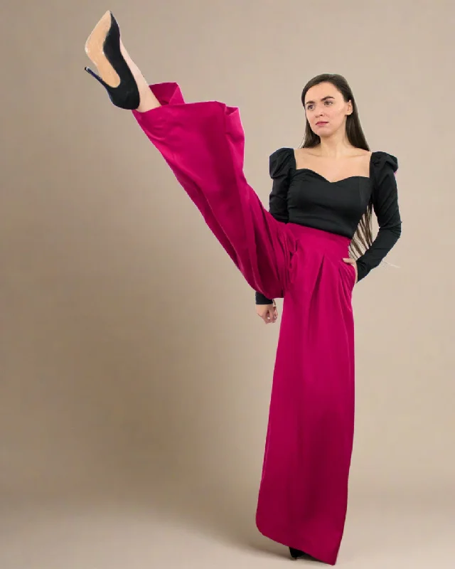 Tenes Red Palazzo High Waisted Trousers Women Trousers Elastic Waist Soft