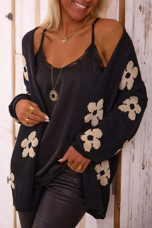 Blue Zone Planet |  Black Floral Print Knitted Open Front Loose Cardigan Tailored Straight A-Line