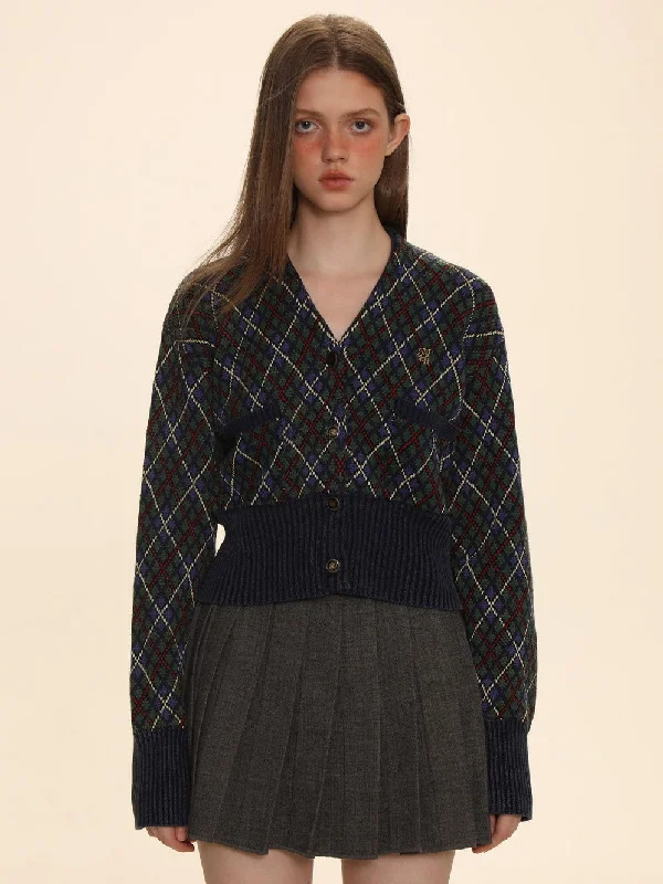 Vintage Argyle Polo-Neck V-Neck Feminine Sweater Solid Color Striped Floral Print