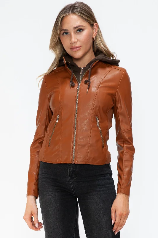 Hazel Blues® | Snobbish Faux Leather Zip Up Drawstring Hooded Jacket Fleece Jacket Down Jacket Feather Jacket Hazel Blues® | Snobbish Faux Leather Zip Up Drawstring Hooded Jacket Fleece Jacket Down Jacket Feather Jacket
