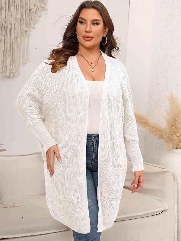 Plus Size Open Front Cardigan With Pockets Solid Color Striped Floral Print